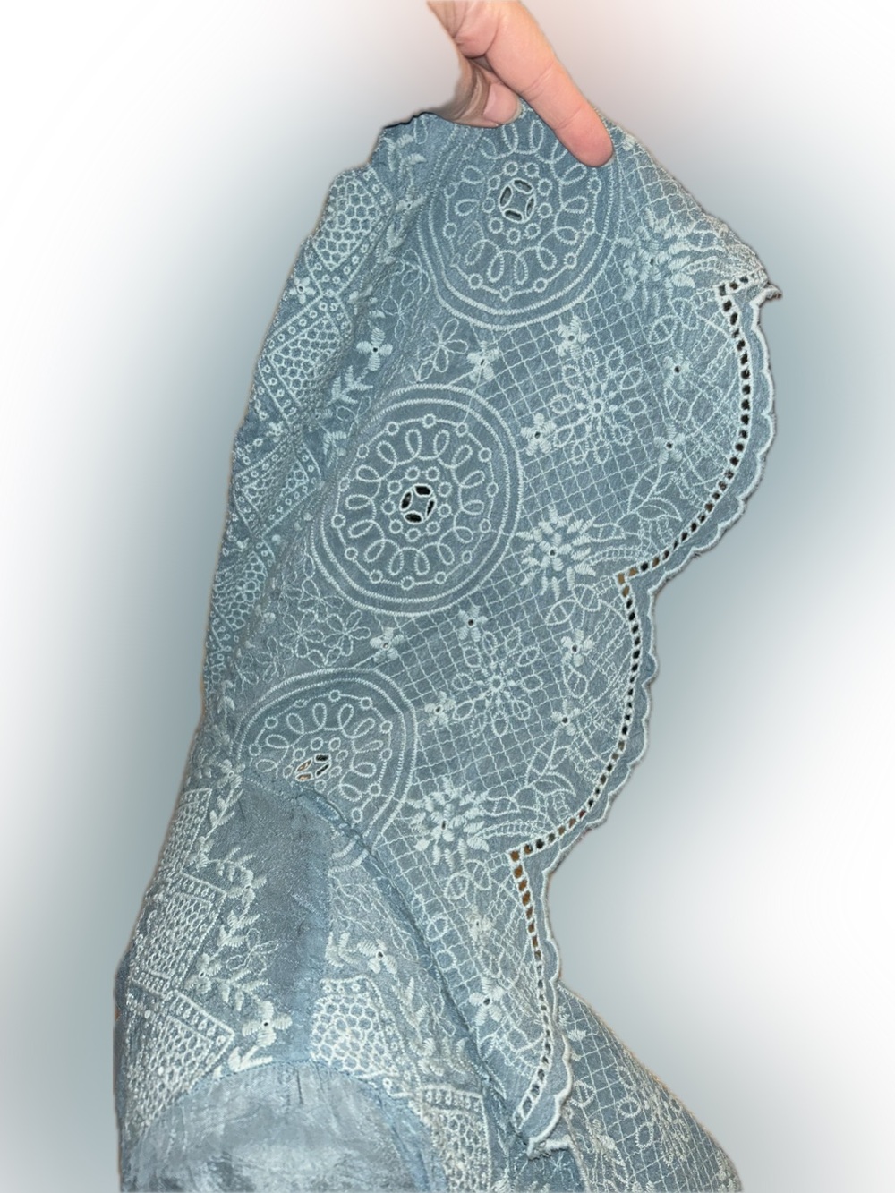 Johnny Was Light Teal Blue Lace-Embroidered Shawl Hood Scalloped Open Cardigan S - Picture 9 of 11